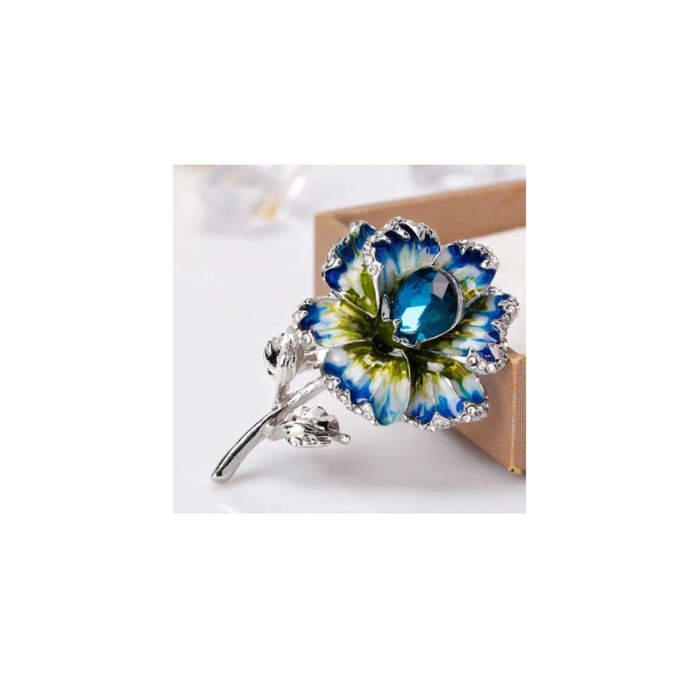 Blue Enamel Flower Brooch Crystal Wedding Banquet Fashion Easter Spring Pin